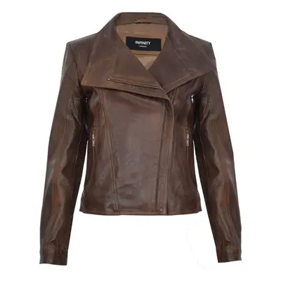 (5XL) Ladies Leather Biker Shawl Brown Jacket