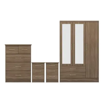 Nevada Piece Rustic Oak Bedroom Set - Door Drawer Mirrored Wardrobe, Drawer Chest & x Drawer Bed