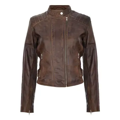 (4XL) Ladies Brown Leathr Fitted Biker Style Zip Jacket