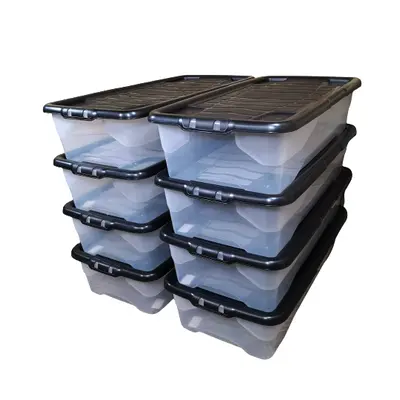 8 x 42L Clear Under Bed Storage Box with Black Lid, Stackable and Nestable Design Storage Soluti