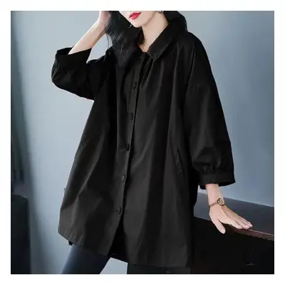 (black, XXXXL) Women&apos;s Spring And Summer Large Size Loose Casual Mid-length Windbreaker