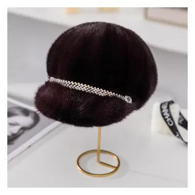 (burgundy, head 55-59cm) Mink Hat Female Winter Mink Fur Beret Cap Fashion Fur Mink Warm Hat