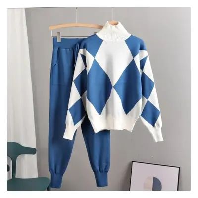 (blue, S) Women Sets Sweater Thick Knitted Sets Pullovers +long Pant Casual Track 2pcs Suits