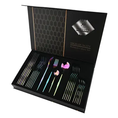 (multicolor, 24pcs with box) Luxury 24pcs Rose Gold Dinnerware Set Knife Fork Spoon Cutlery Set 