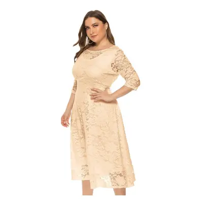 (apricot, 5XL) Plus Size Xl-6xl New Fashion Popular Evening Dress Medium Length Hollow Lace Wome