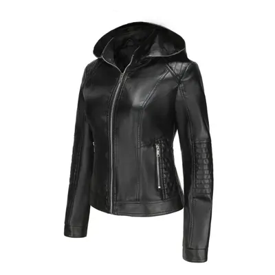 (black, L) Women's Bomber Jackets Faux Leather Removable Hooded Short Coats Slim Pu Motorcycle B