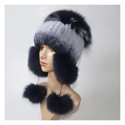 (blue,grey, Elasticity 52cm-60cm) Elastic Knitted Rex Rabbit Fur Bomber Hat Handmade Real Fur Ha