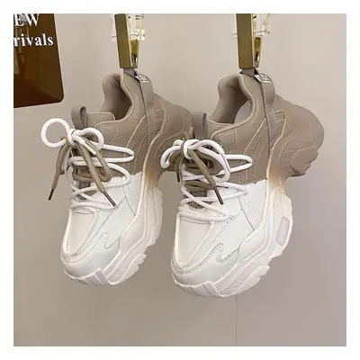 (white, 41) Tuinanle Top Quality Leather Platform Shoes Women High Heel Sneakers Round Toe Dad S