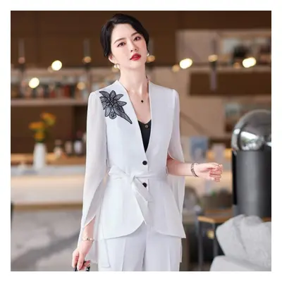 (white, M) Spring Summer Workplace Women Pant Suits Office Lady V-neck Pink Women Suits Office S