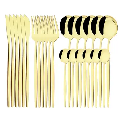 (champagne, 24pcs with box) Luxury 24pcs Rose Gold Dinnerware Set Knife Fork Spoon Cutlery Set W