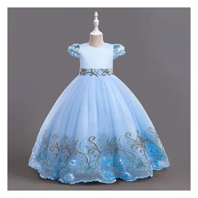 (light sky blue, 160(11-12T)) New Flower Girls Long Dress Girl Piano Performance Dress Gorgeous 