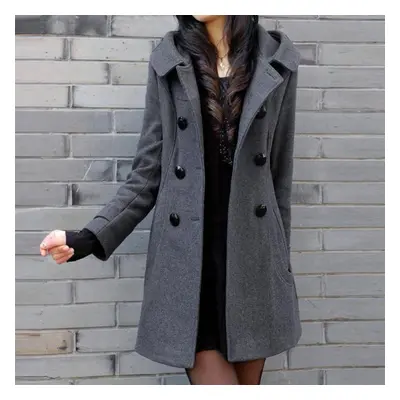 (Grey, M) Cotton Winter Thick Woolen Coat Women&apos;s Mid-length Hooded Cotton Slim-fitting Woo