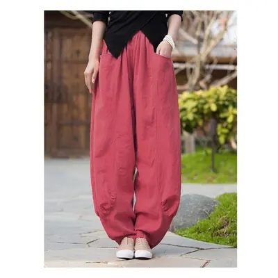 (wine red, S) Johnature Women Casual Linen Wide Leg Pants Elastic Waist Solid Color Trouser Spri