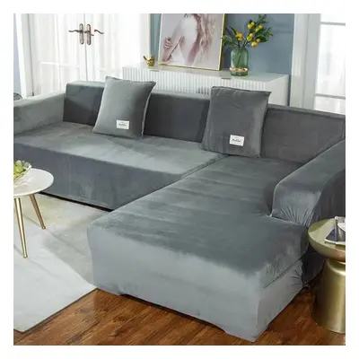 (light grey, seat(235-300cm)) Plush Sofa Cover Velvet Elastic Leather Corner Sectional For Livin