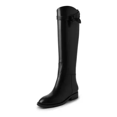 (black, 39) Krazing Pot Cow Skin Autumn Winter Shoes Thick Low Heels Riding Boots Metal Fastener