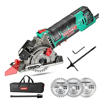 Mini Circular Saw, HYCHIKA Circular Saw with Saw Blades, Laser Guide, Scale Ruler, 500W Pure Cop