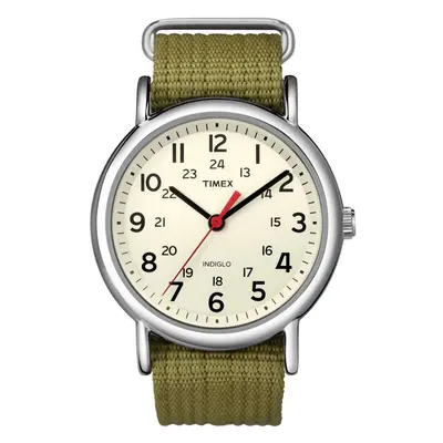 Timex Mens Indiglo Watch Green Nylon Strap Cream Dial T2N651