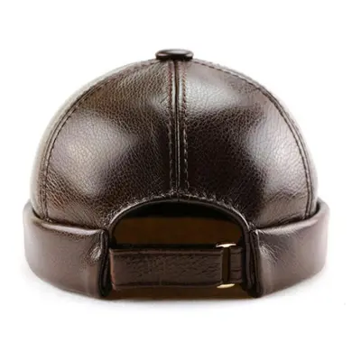 (brown, L(55-57cm)) Men Genuine Leather Skullcap, Sailor Cap Hat Beanie Rolled Cuff Retro Brimle