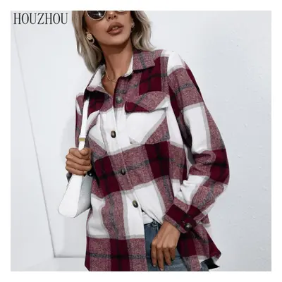 (brown, L) Houzhou Thick Plaid Shirt Women Autumn And Winter Long Sleeved Korean Chic Office Lad