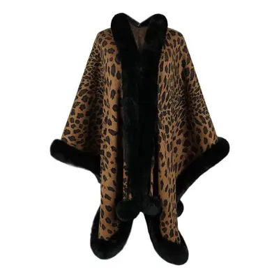 (brown) Women&apos;s Fashion Leopard Pattern Knitted Cloak Fashion Casual Women&apos;s Plush Top