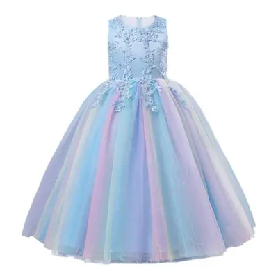 (sky blue, 150) Girls Luxury Rainbow Tulle Lace Flower Bridesmaid Wedding Party Dresses Children