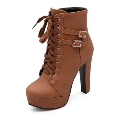 (brown, 36) Women&apos;s Fashion High-heeled Ankle Boots Autumn Winter Ladies Platform Heels Sho