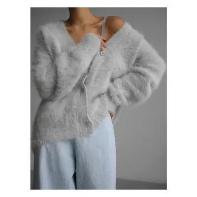 (light gray, M) Fashion New Knitted Angola Cardigan Women Luxe Mink Oversized Soft V-neck Long S