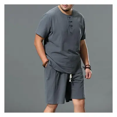 (grey, 7XL) Men&apos;s Clothing Large Size Tracksuit Linen Short T-shirt Summer Suit Plus Size C