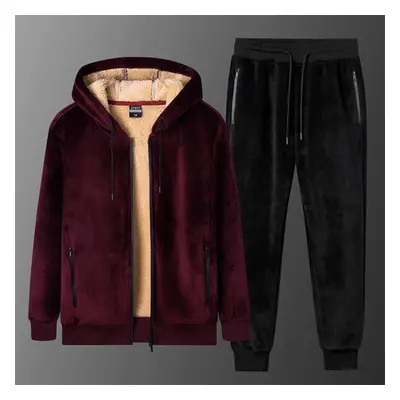 (wine red, 5XL) Winter Men Sets Velvet Warm Thick Tracksuit Male Hooded Fleece Casual Jacket + P