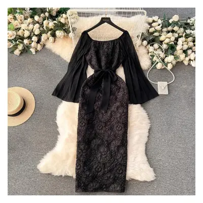 (black, XXL) France Elegant Jacquard Dress Women&apos;s Chiffon Long Cloak Sleeve Patchwork Pack