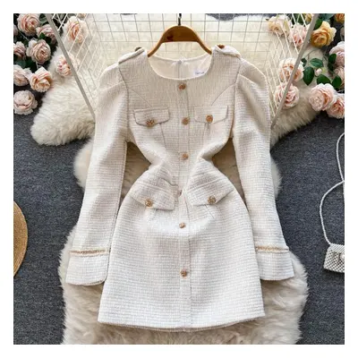 (white, L) Autumn New Small Incense Wind Round Collar Chic Buckle Celebrity Temperament Lean And