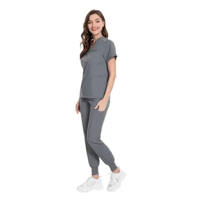 (grey, S) Men&apos;s And Women&apos;s V-neck Short Sleeved Surgical Suit Hospital Nurse Suit Set