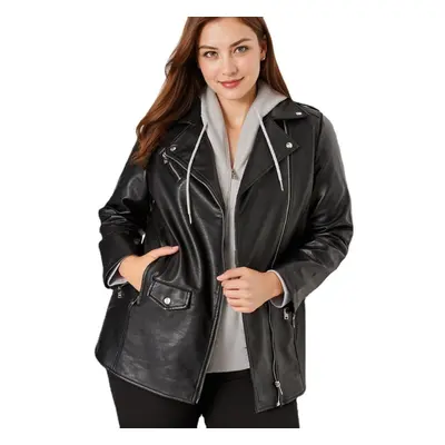 (black, 2XL) Vangull Brand Women Spring Autumn Lapel Collar Oversized Leather Jacket