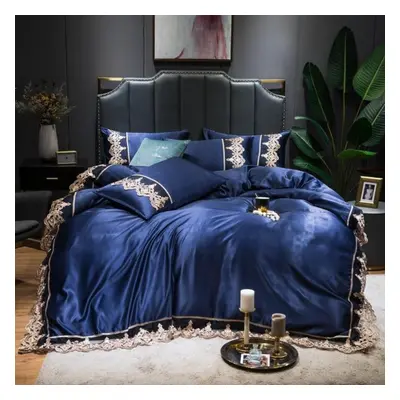 (blue, Plus size) 4pcs Lace Bedding Set Duvet Cover Set With Flat Sheet Zipper Closure Twin Quee