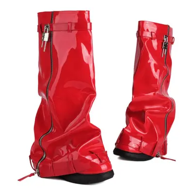 (red, 46) Krazing Pot Pu Leather Winter Shoes Big Size Super High Heels Wedges Waterproof Strang