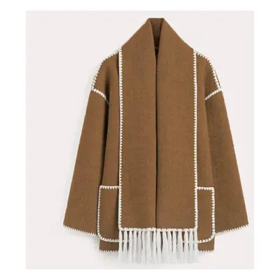 (brown, M) Woolen Jacket Women Autumn Patchwork Tassel Scarf Single Breasted Pocket Coats Casual