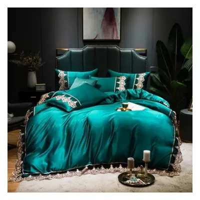 (green, Plus size) 4pcs Lace Bedding Set Duvet Cover Set With Flat Sheet Zipper Closure Twin Que