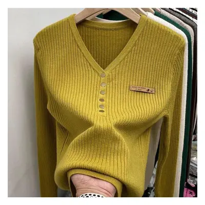 (yellow, 2XL) Plush Thickened Sweater Knit Bottom Blouse For Women With A Slim V-neck Top In Aut