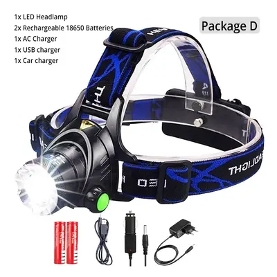 (T6-10000 Lumen, Package D) Powerful LED Headlamp USB DC Charging Headlight Waterproof Head Lamp