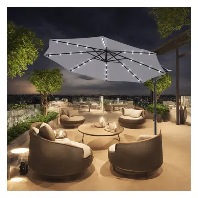 (Grey) Greenbay Garden Banana Parasol Solar LED Lights 3m Sun Shade Shelter Crank Hanging Rattan