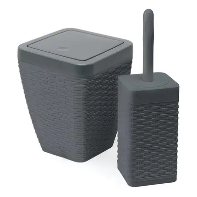 Addis Square Rattan Bathroom Waste Bin 5L & Toilet Cleaning Brush Set - Charcoal