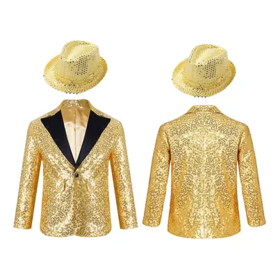 (gold, 6) Kids Shiny Hip Hop Jazz Street Dance Tuxedo Jacket Boys Sequins Button Down Lapel Coll