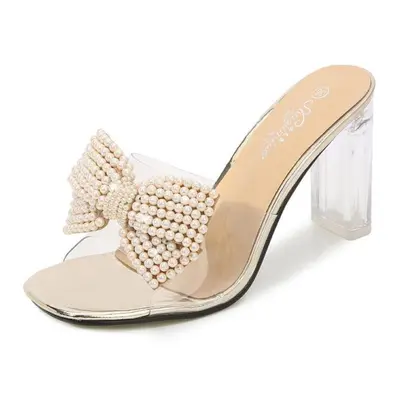 (gold, 37) Women&apos;s Sheer High Heel Sandals Beaded Bow Shoes