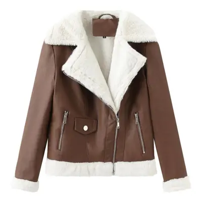 (brown, 2XL) Faux Leather Jacket For Women Fleece Lined Warm Long Sleeves Slim Fit Short Coat St