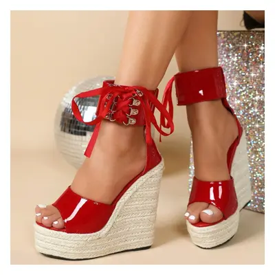 (red, 37) Sexy New Straw Knitted Simple Hentian High Slope Heel Waterproof Platform Car Model Sa