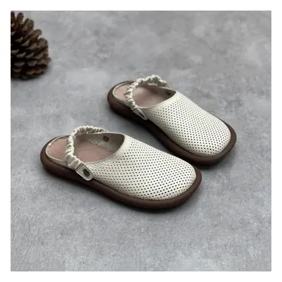 (white, 36) Johnature Handmade Genuine Leather Round Toe Sandals Women Soft Sole Flat Slippers H