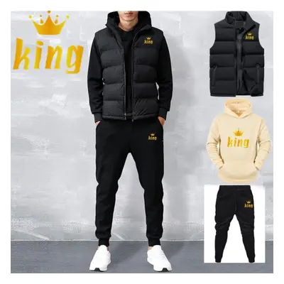 (khaki, L) Men Casual Sets Vest + Hoodies + Pants Piece Tracksuit Male Sportswear Set