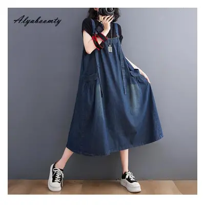 (as the picture, L) Korean Style Summer Women Denim Sundress Suspenders Casual Loose Oversized B