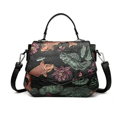 (black) Johnature Vintage Embossed Handbag Versatile Floral Women Leather Bag Leisure Large Capa