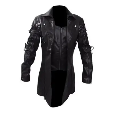 (black, XL) Fashion Steampunk Men&apos;s Gothic Trench Coat Leather Jacket Punk Style Biker Jack